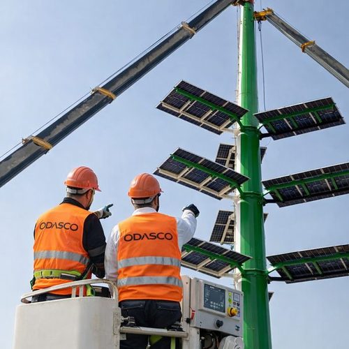 ODASCO engineers installing a solar-on-tower system